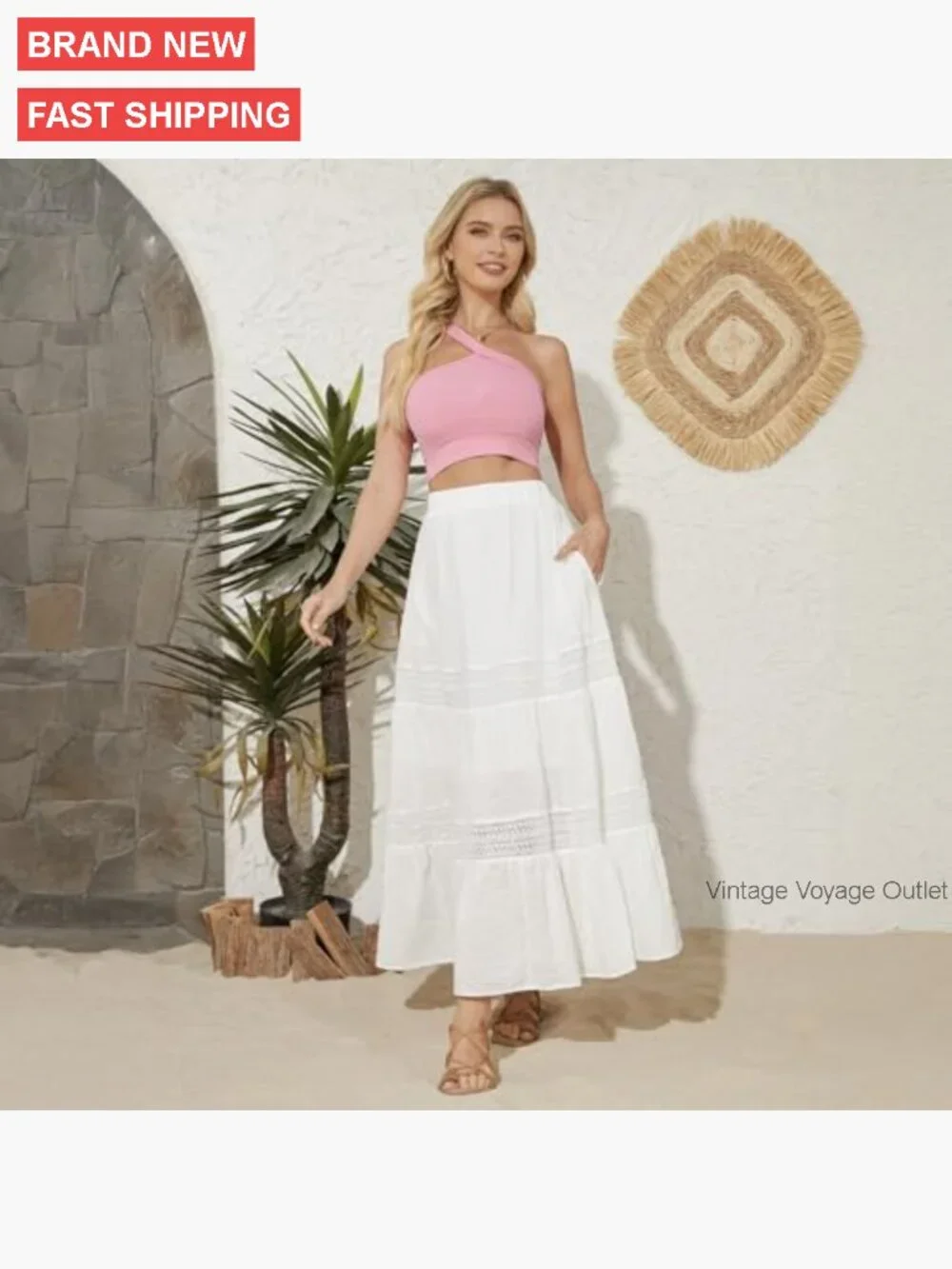 Boho Maxi Skirt with Pockets, Elastic Waist, Lace Tiered A-Line - Picture 2 of 7